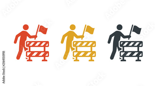 Colorful vector barrier icons featuring human figures holding safety flags on clean white background