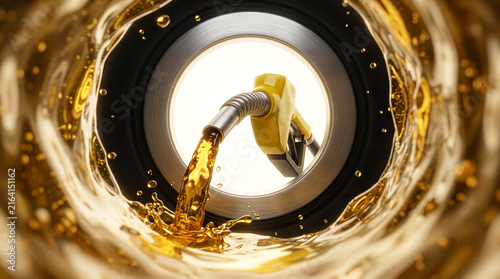 Fuel Nozzle Pouring Golden Gasoline Inside Fuel Tank Close Up View
