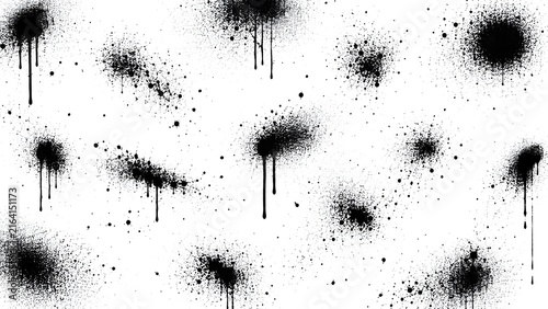 Black spray paint splatters and dripping ink graffiti texture set