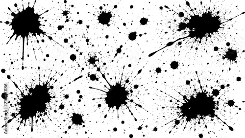 Abstract black ink splatter with drops and liquid spray texture blast