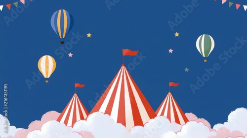 Whimsical striped circus tents with hot air balloons above pink clouds for children's party background and banner design