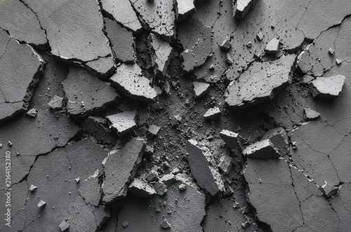 Close-up of cracked and broken concrete surface with realistic debris, rough texture and deep fractures. Ideal for damage, destruction, construction and grunge backgrounds.