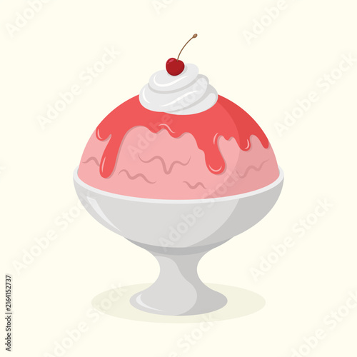 Delicious strawberry ice cream in a bowl with topping, cherry and whipped cream. Dessert vector illustration.