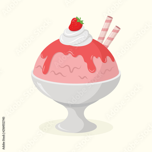 Delicious ice cream in a bowl with topping, strawberry, whipped cream and couple wafer sticks. Dessert vector illustration.