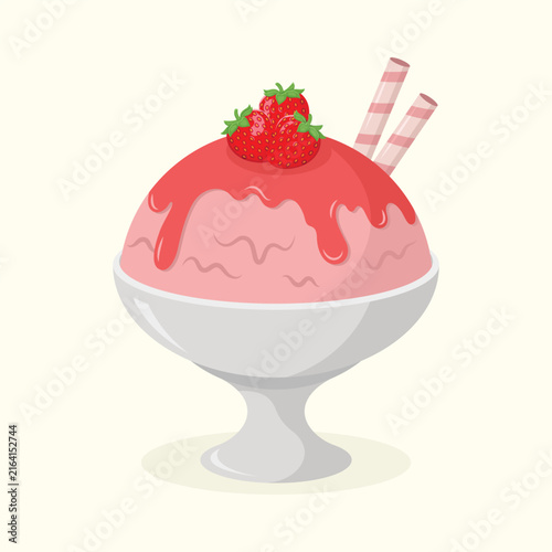 Delicious ice cream in a bowl with topping, strawberries and couple wafer sticks. Dessert vector illustration.