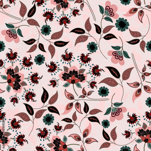 Floral seamless pattern, Flower chintz pattern seamless vector border print. Botanical batik background. Arabesque floral ornament motif for decoration fabric, women clothing, scarf, wallpaper design.