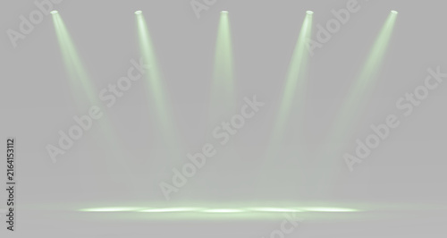 Fotografie Green theater spotlights illuminating an empty stage with dramatic beams and a g