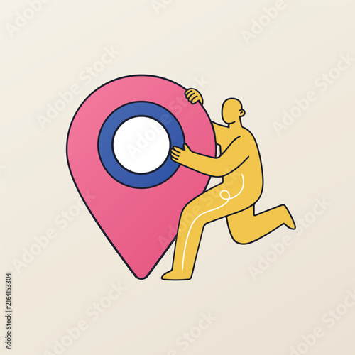 Character carrying large pink location pin, person running with map marker illustration, local SEO concept, address change delivery and navigation flat vector design