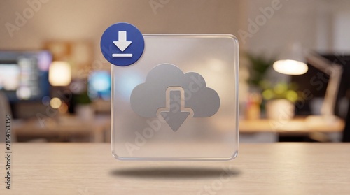Cloud data download progress icon displayed on a frosted glass card