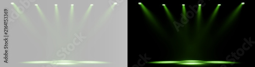 Photography Green spotlight show with powerful overhead beams illuminating a dark empty perf