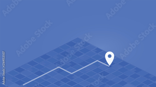 Isometric navigation map with 3D white location marker, blue grid route line concept, digital gps tracking background, direction path planning, spatial banner vector illustration.