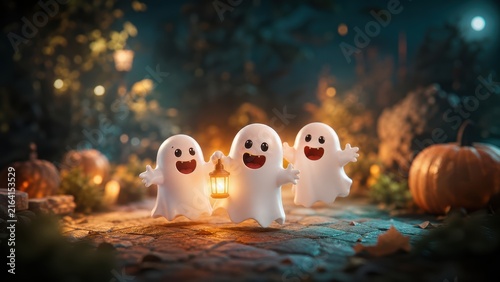 Happy cartoon ghost character holding lantern in magical Halloween night garden
