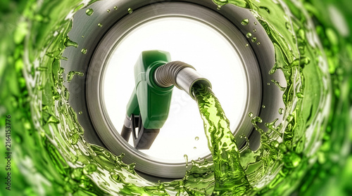 Fuel Nozzle Pouring Green Liquid Biofuel Inside Tank Close Up View