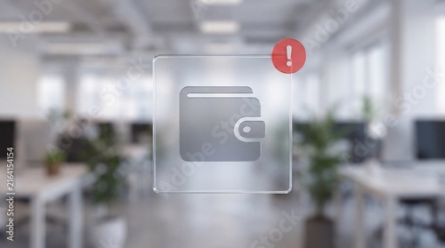 Digital wallet payment icon with warning symbol in modern office space