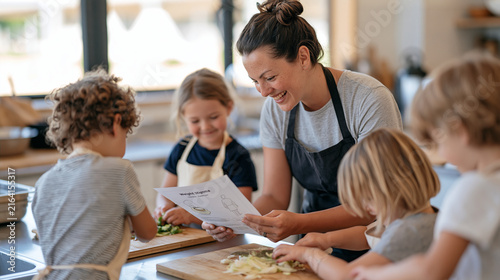Kids cooking class diverse team of instructor and children at golden hour prep station near window, instructor holding printed weight stigma in healthcare infographic while