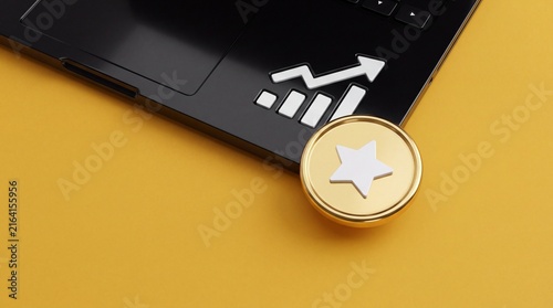 Laptop keyboard with business growth chart graph and golden star coin icon