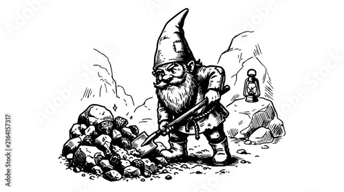 Gnome Digging in Rocks, Vintage Illustration with a Lantern. Fantasy Character, Mining Concept, Whimsical Design.