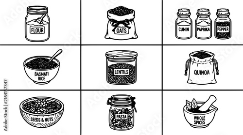Food Ingredients Arranged in a Grid, Showcasing Flour, Oats, Paprika, Cumin, Pepper, and Other Culinary Staples