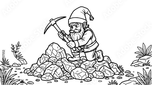 Gnome Holding Pickaxe on Rocks, a Whimsical Illustration of Mining and Folklore Featuring Fantasy, Character