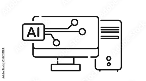 Desktop computer tower and monitor with AI circuit symbol on screen icon. Black line art style on white background.