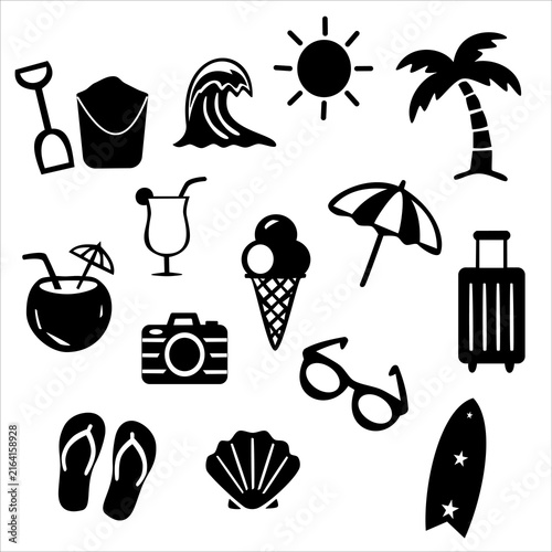 Tropical Beach Themed Travel Icon Set for Summer Vacation