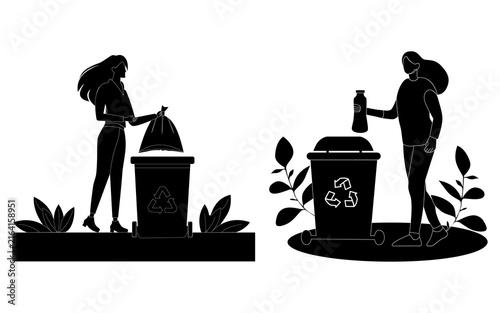 Waste management silhouette: a woman disposing of trash and a plastic bottle into a bin. recycling and waste management concept