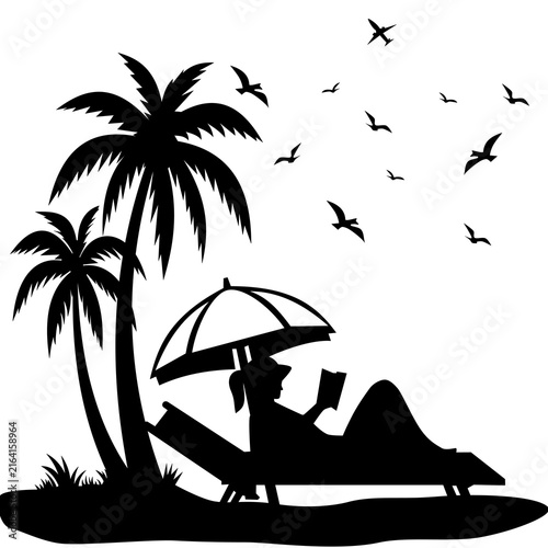 A woman is relaxing, sunbathing, and reading a book on a beach chair under an umbrella, with palm trees in the background. Summer vacation concept.