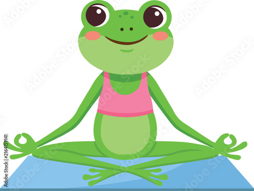 Cute cartoon illustration of a funny green frog meditating peacefully in a lotus position sitting on a purple yoga mat, practicing mindfulness, relaxation, and spiritual yoga balance concepts