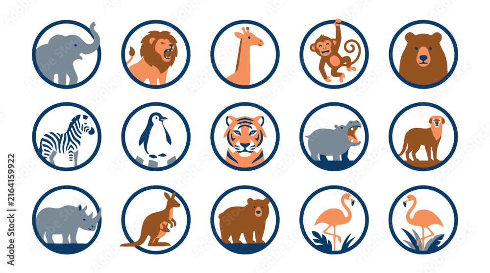 Naklejka premium Vector Cute cartoon wild animals collection in round frames. EPS Editable