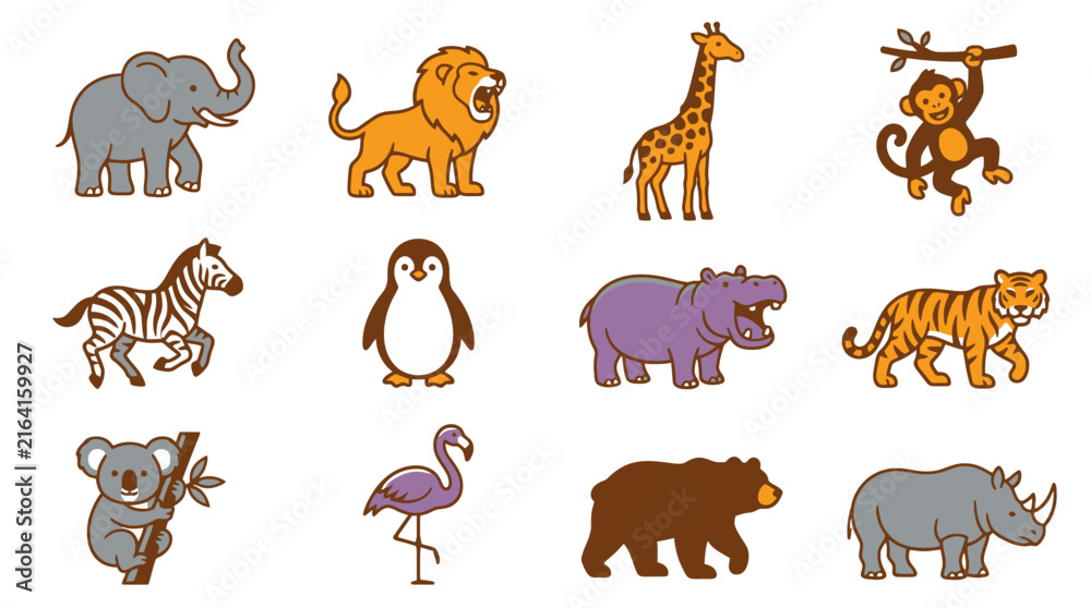 Naklejka premium Vector Cute cartoon wild animals collection set vector illustration. EPS Editable