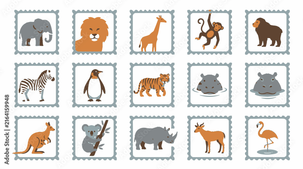 Naklejka premium Vector Cute cartoon wild animals in postage stamps set. EPS Editable