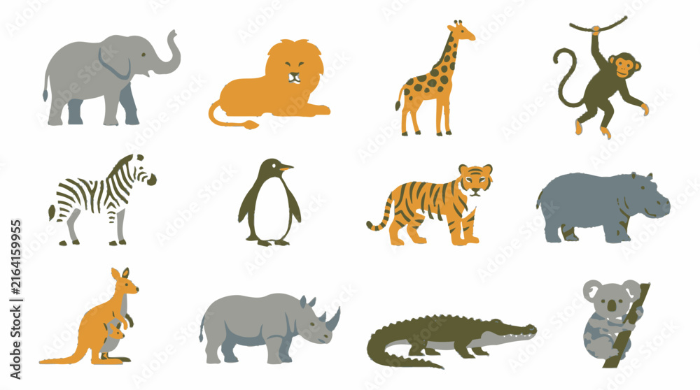 Naklejka premium Vector Cute cartoon wild animals set vector illustration 1. EPS Editable
