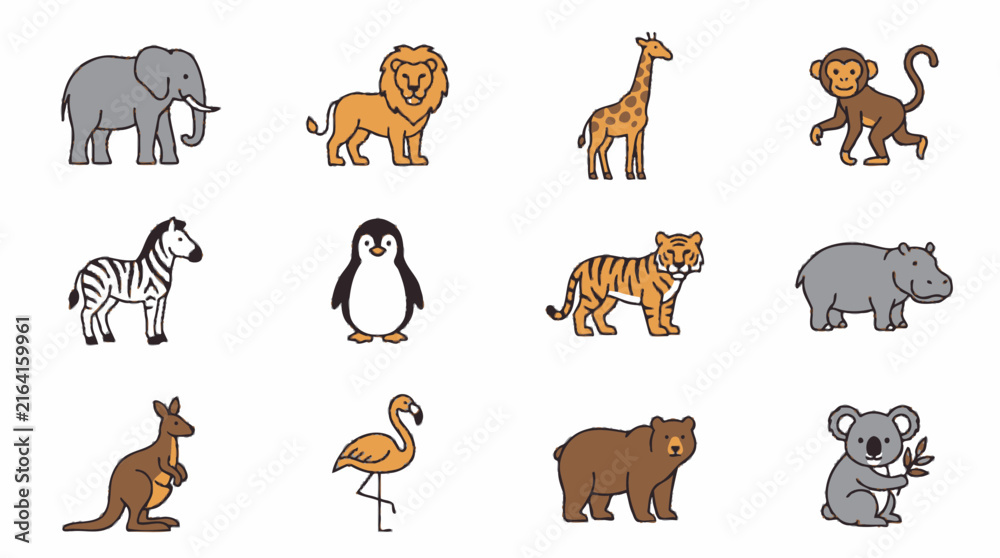 Naklejka premium Vector Cute cartoon wild animals set vector illustration 2. EPS Editable