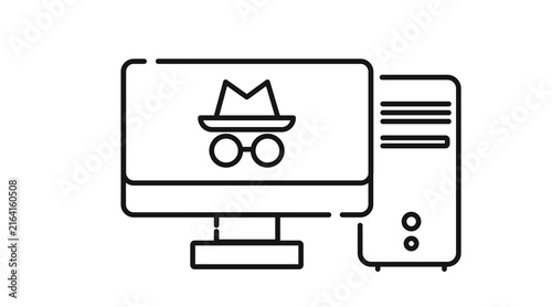 Desktop computer tower and monitor with incognito mode symbol on screen icon.