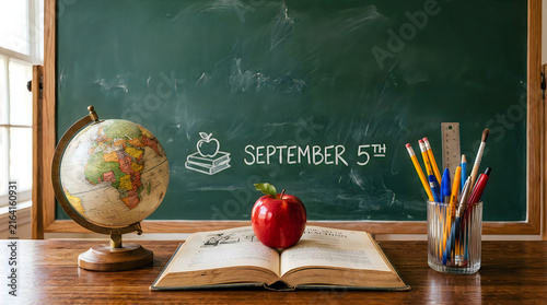 Back to school concept with apple, books, and chalkboard on september 5th