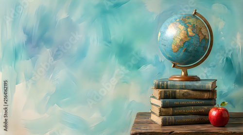Old globe on stack of books with warm light in library