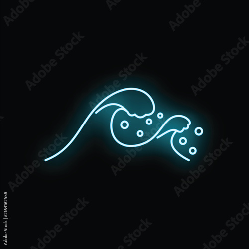 Ocean wave line art glowing in blue neon light on a dark background