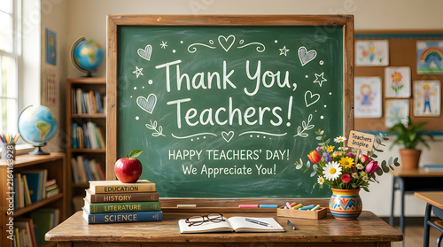 Thank you teachers message on chalkboard in classroom with books and flowers
