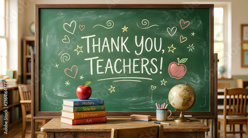 Thank you message for teachers on green chalkboard in classroom