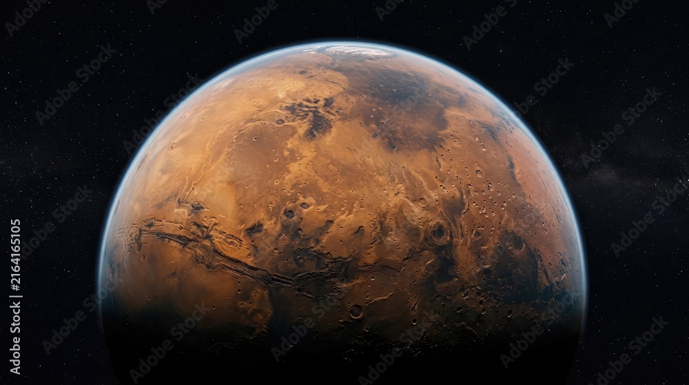 Obraz premium The Red Planet: Mars, the fourth planet from the sun, dominates the frame with its rust-colored surface and distinct atmospheric haze, inviting contemplation of our solar system and beyond.