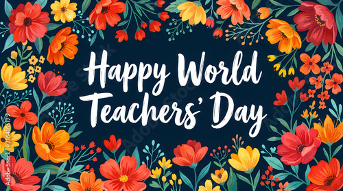 Happy world teachers day card with colorful flowers and banner