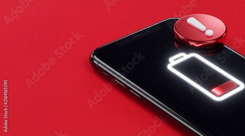 Smartphone showing low battery level icon with a red alert notification