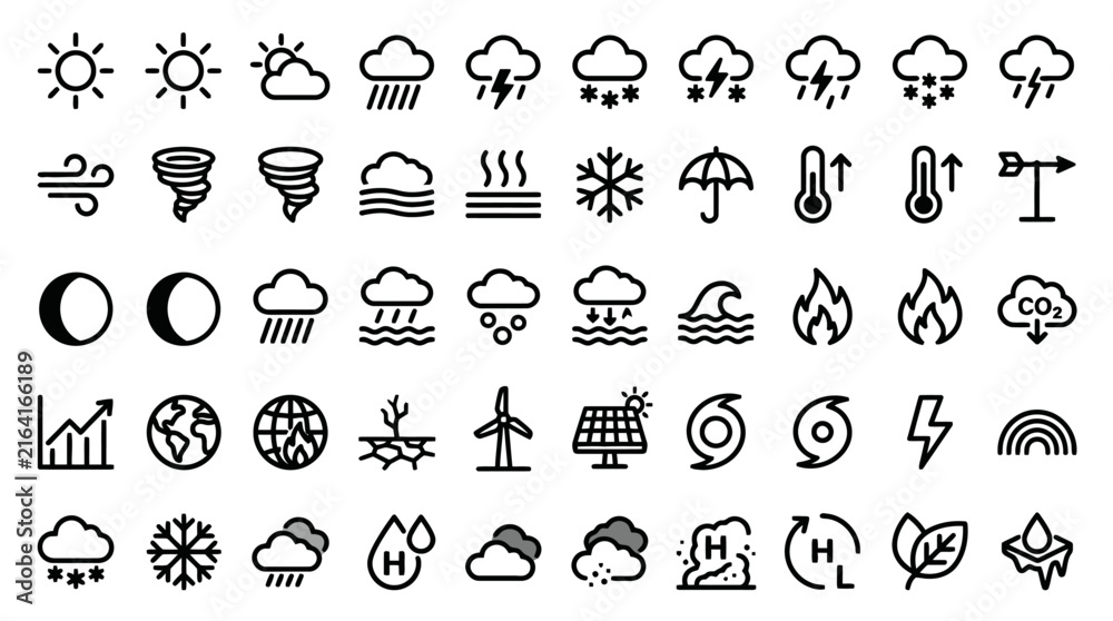 Fototapeta premium Vector weather icon set climate meteorology symbols. EPS Editable