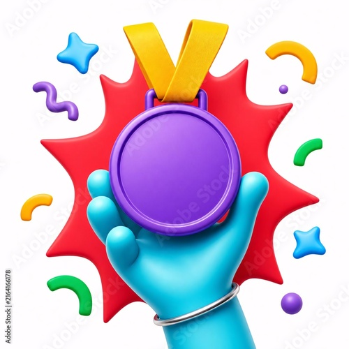 Cyan cartoon hand holding purple medal celebrating achievement success victory concept with vibrant abstract shapes with star