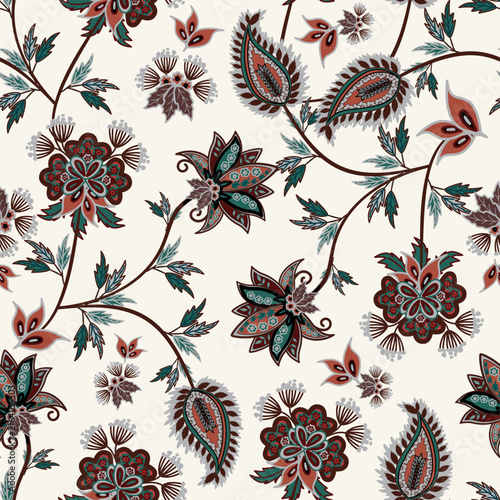Floral seamless pattern, Flower chintz pattern seamless vector border print. Botanical batik background. Arabesque floral ornament motif for decoration fabric, women clothing, scarf, wallpaper design.