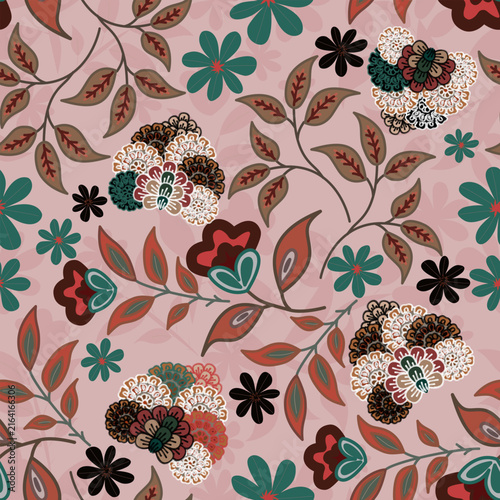 Floral seamless pattern, Flower chintz pattern seamless vector border print. Botanical batik background. Arabesque floral ornament motif for decoration fabric, women clothing, scarf, wallpaper design.