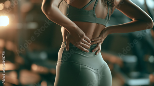 A sporty woman in tight activewear gently holds her back in slow motion, wincing in pain after a gym session, symbolizing muscle strain, injury awareness, and health care back pain