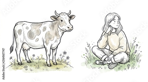 Girl thinking while sitting near a cow in grassy field