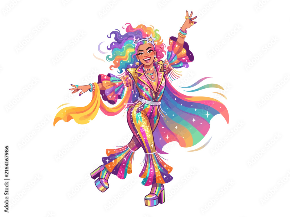 Fototapeta premium Vibrant disco dancer in a colorful rainbow outfit with platform shoes.