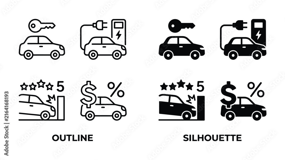 Fototapeta premium Electric Car Icons: A set of minimalist icons illustrating electric vehicle concepts, including charging, key, rating, and cost, presented in both outline and silhouette styles.
